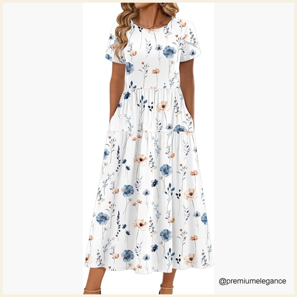 Maxi Summer Dress Flowy Bohemian Floral Short Sleeve Casual Beach Sundress